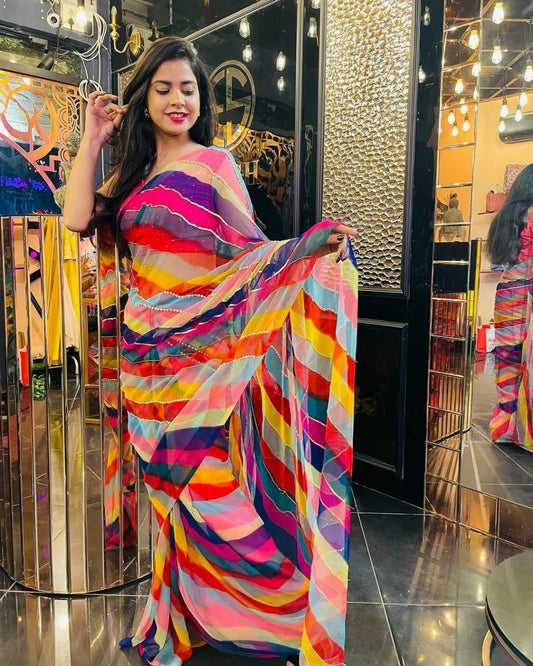 Beautiful multicolor leriya print saree at affordable rate