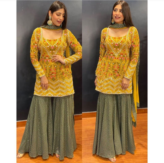 Green and yellow georgette sharara suit online at best rate