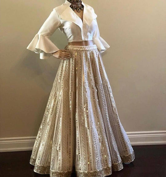 White color crop top sequence lehenga choli buy now
