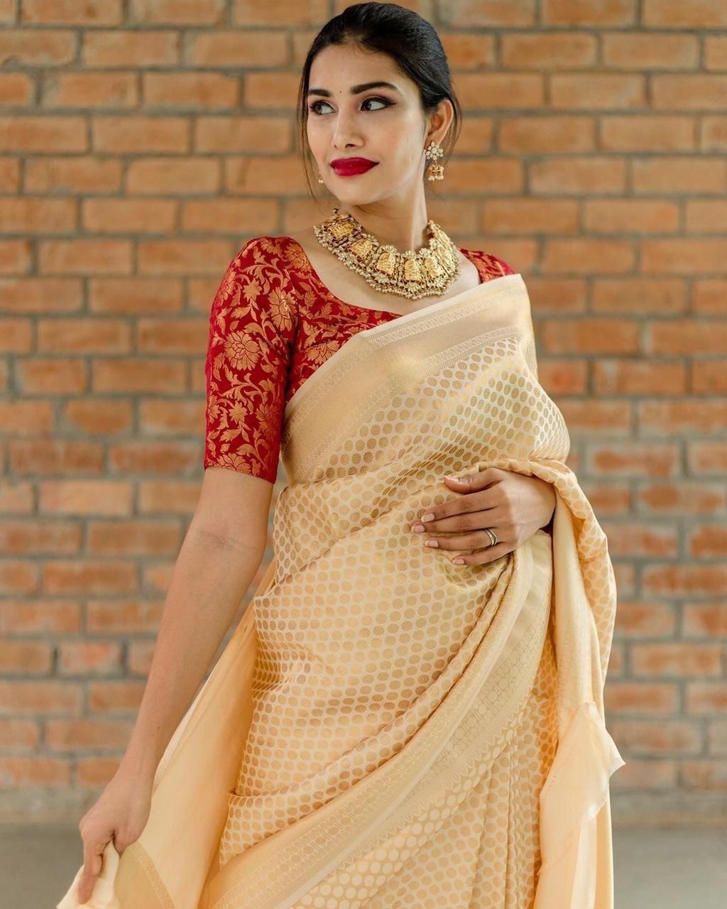 Claasy golden and red silk saree at affordable price - Joshindia