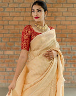 Claasy golden and red silk saree at affordable price - Joshindia
