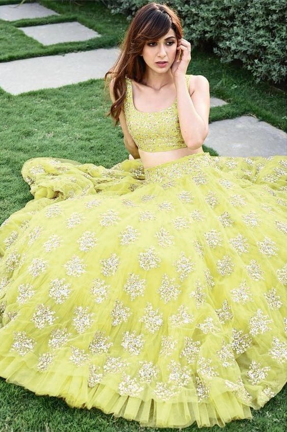 Trendy yellow color ruffle lehenga choli for wedding function - Joshindia
