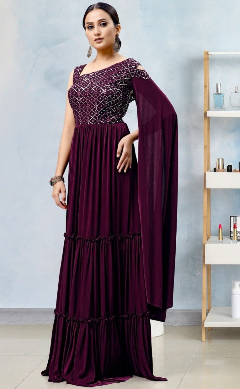 Shop Wine Georgette Embroidered Gown Wedding Wear Online at Best Price |  Cbazaar