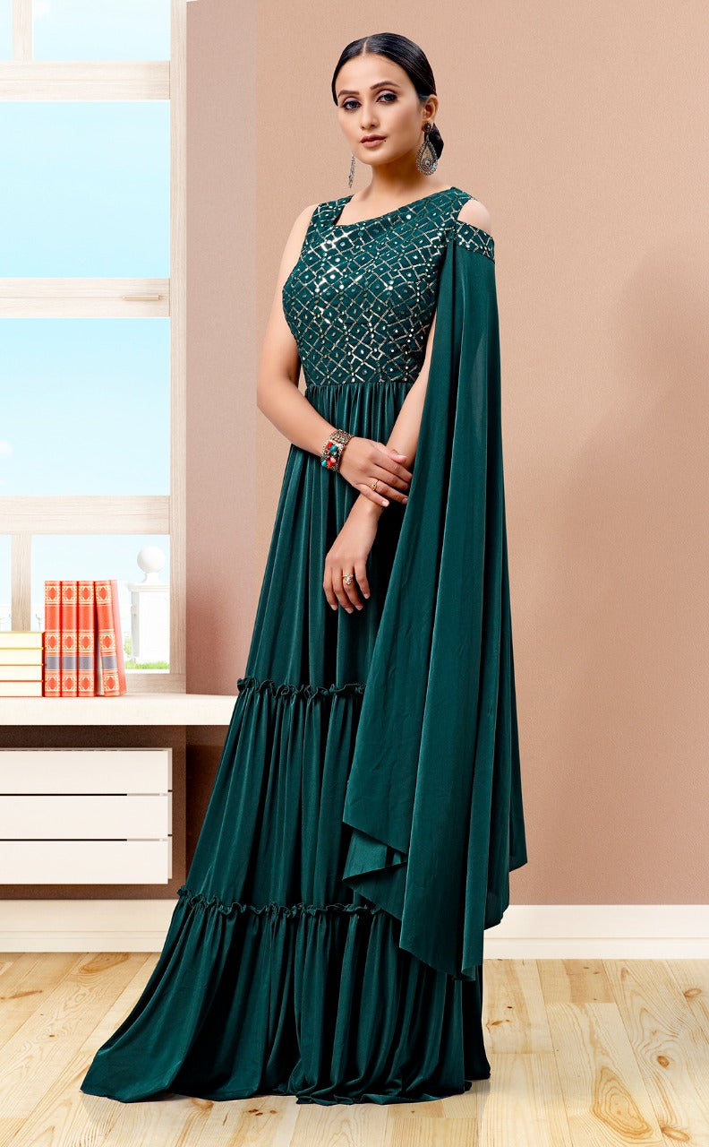 BOTTLE GREEN GOWN SET WITH SELF AND SILVER EMBROIDERY, GOTA AND “ABLA”  PAIRED WITH A MATCHING DUPATTA AND SILVER EMBELLISHMENTS. - Seasons India