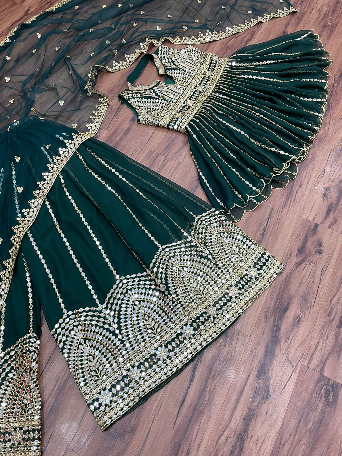 Green color designer look mirror plazo suit buy now - Joshindia