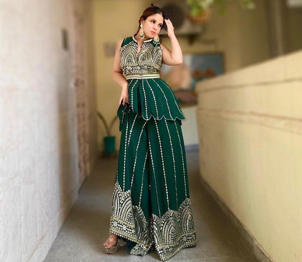 Green color designer look mirror plazo suit buy now - Joshindia
