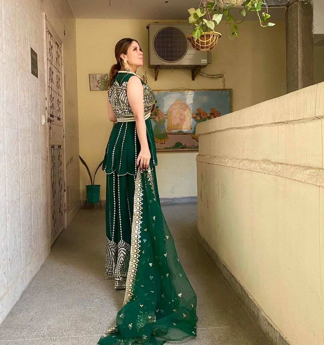 Green color designer look mirror plazo suit buy now - Joshindia
