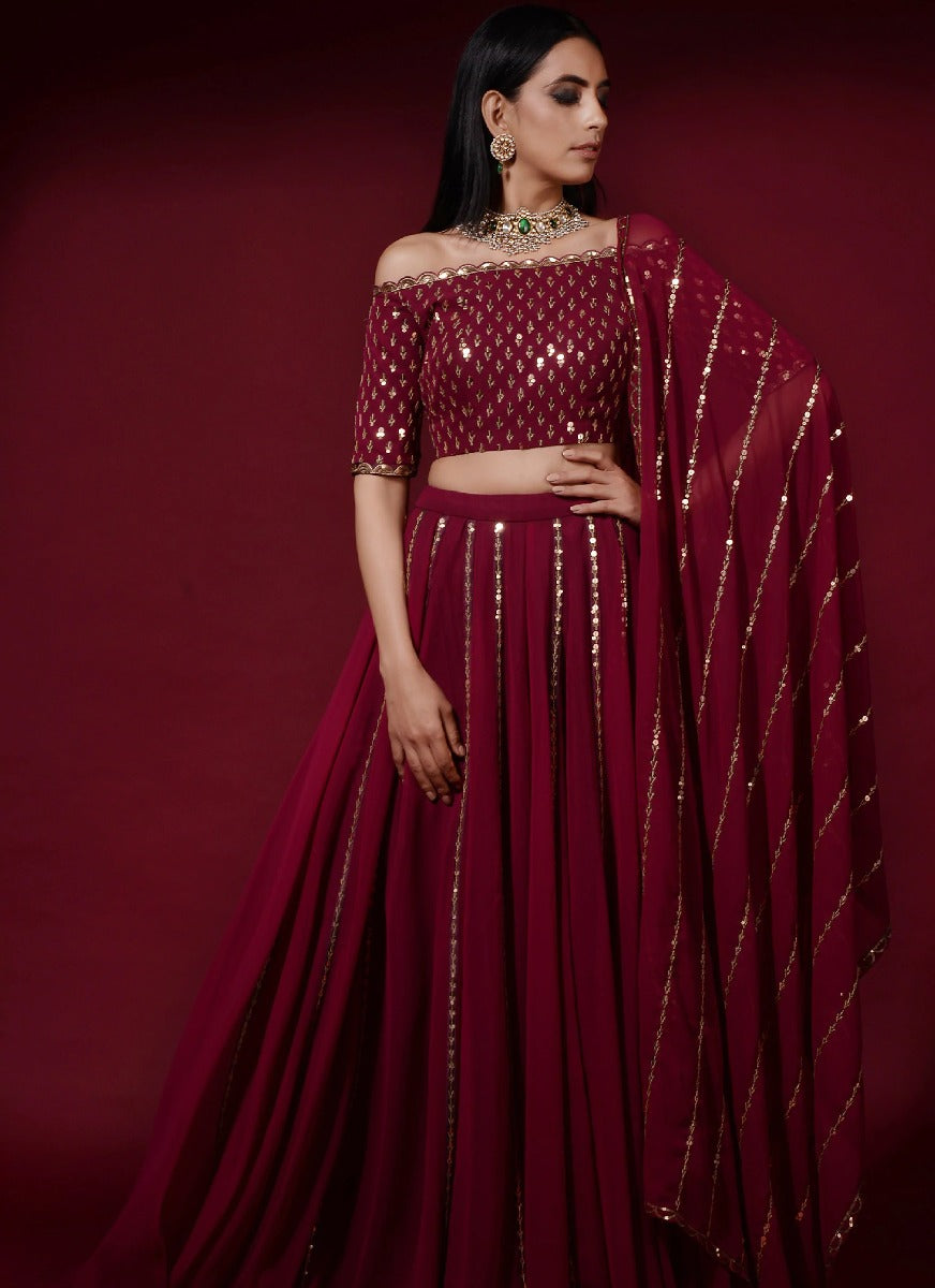 Trendy red color fancy designer lehenga choli for wedding reception.