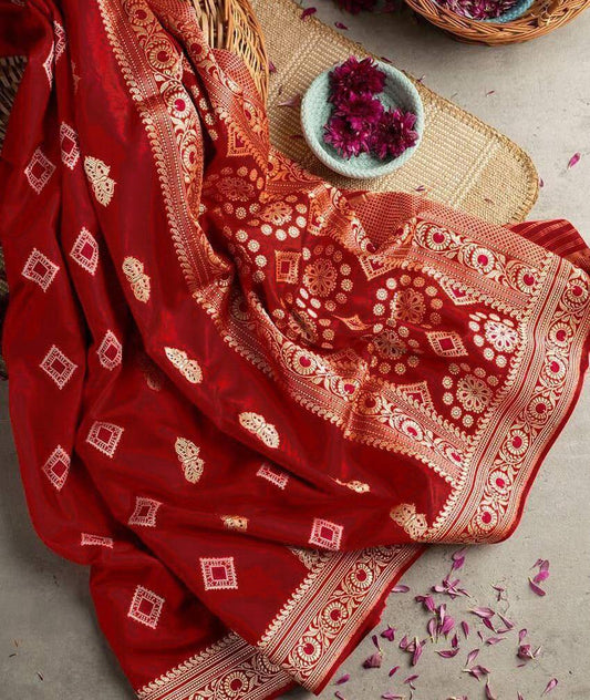 buy online red color silk saree
