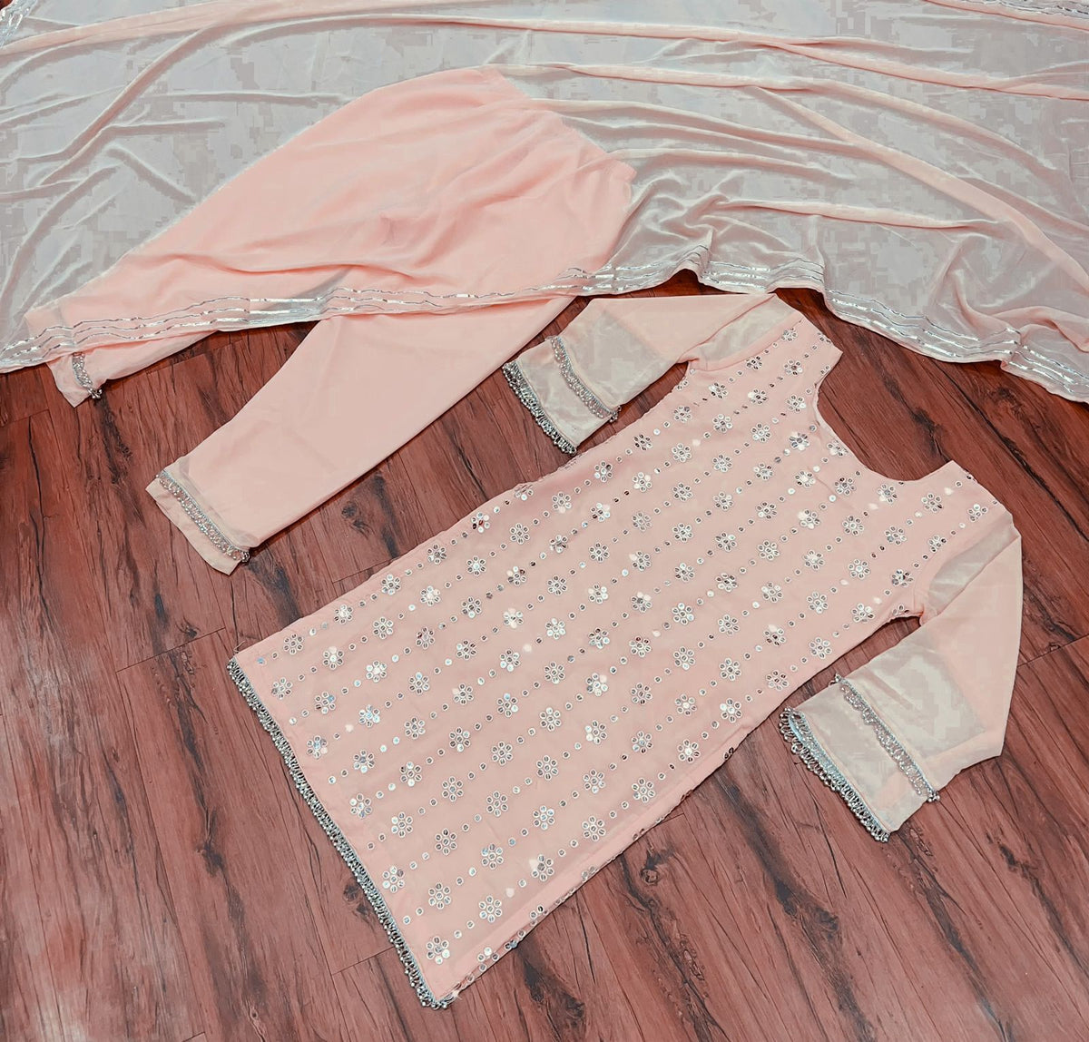 Buy peach color lucknowi style kurta set for stylish look - Joshindia