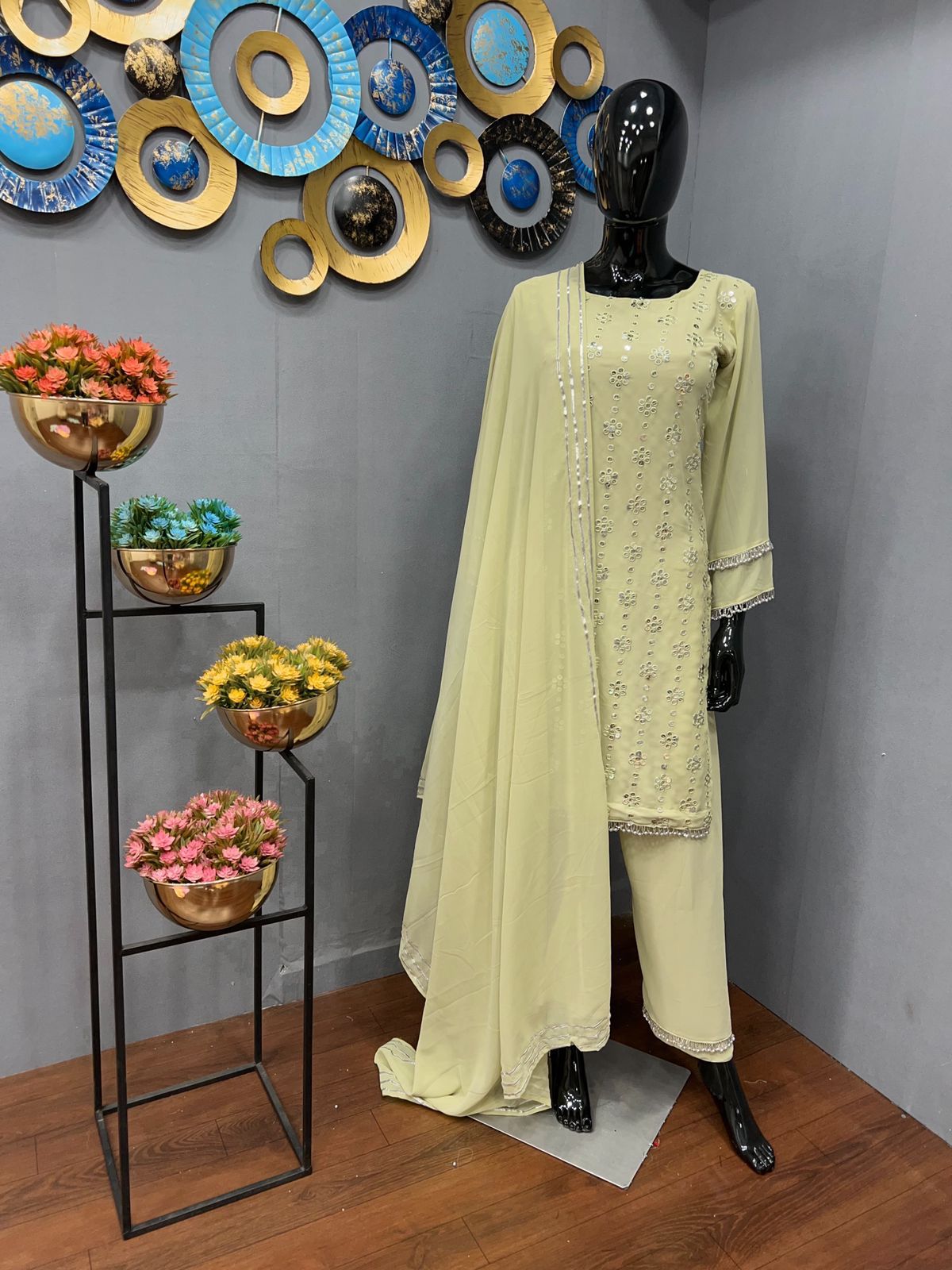 Trendy yellow color Lucknowi style kurta set at best price buy now