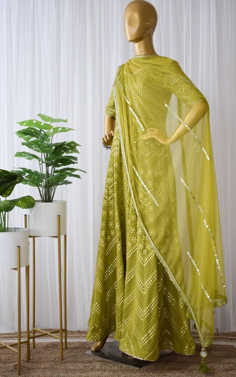 Beautiful Green color mirror work cotton gown for wedding - Joshindia