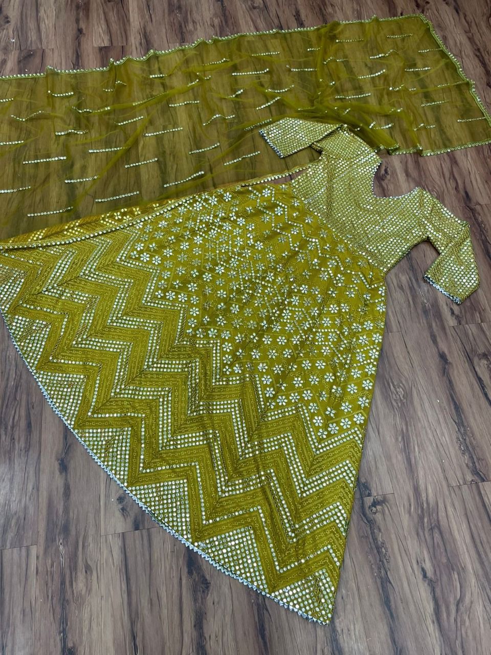 Beautiful Green color mirror work cotton gown for wedding - Joshindia