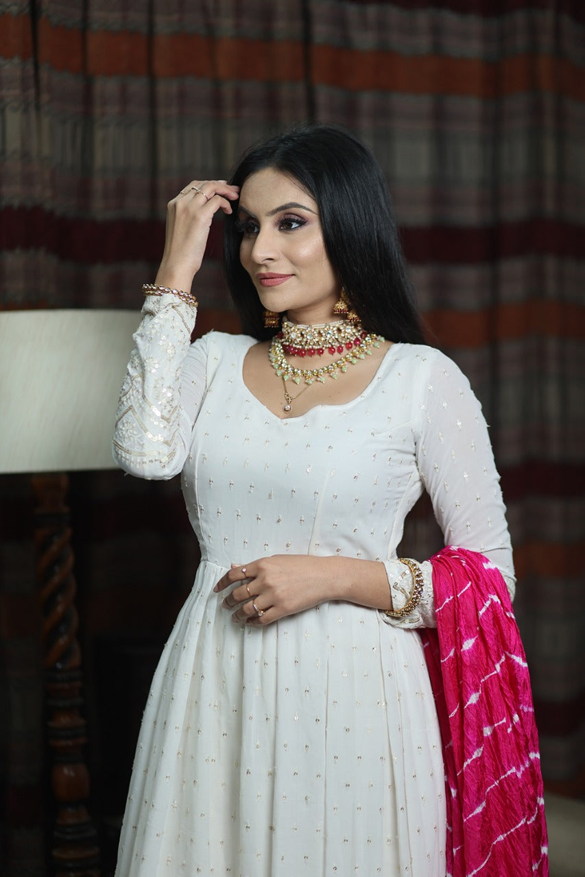 Beautiful White Color Lucknowi Chikankari Gown collection