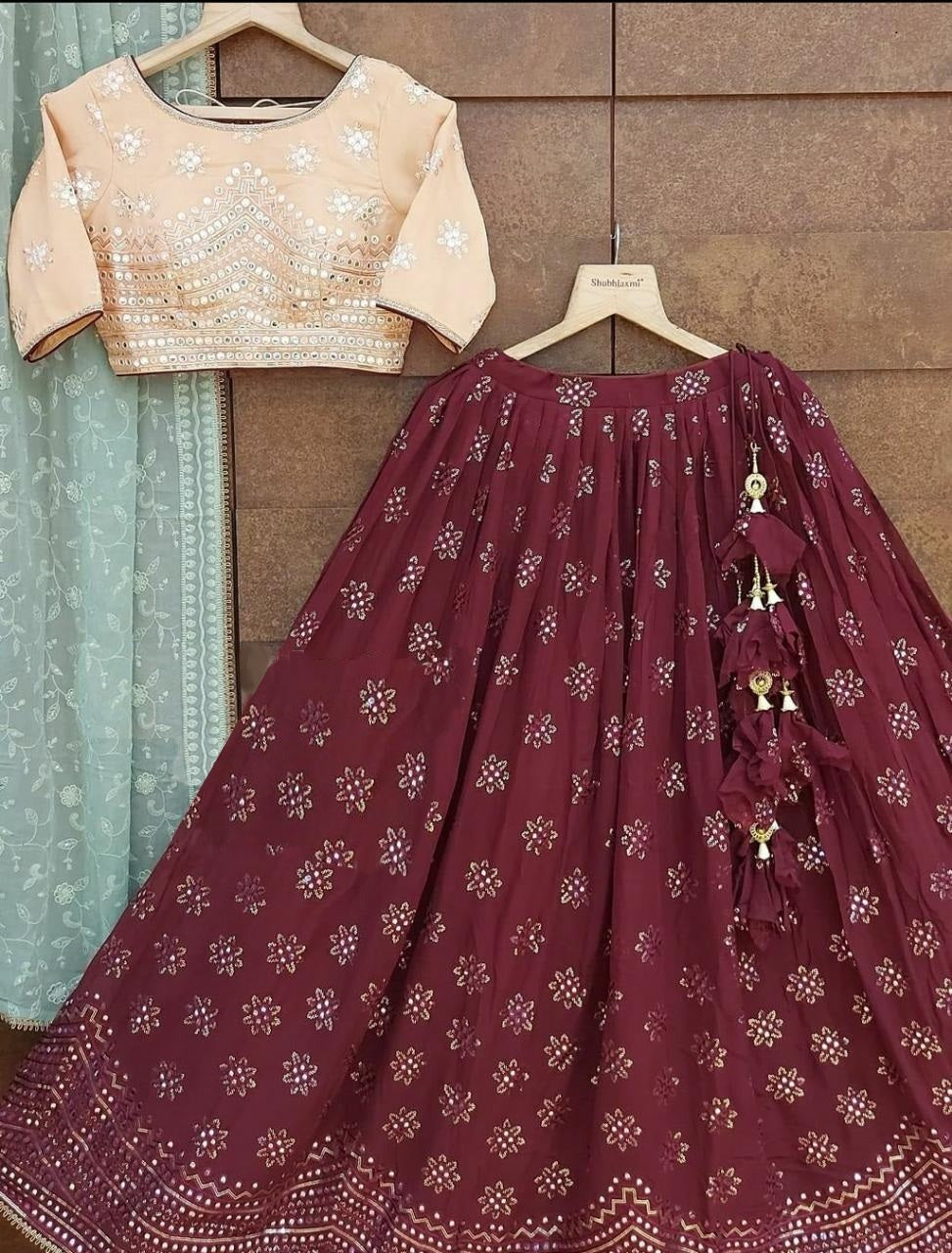 Latest Maroon Color Mirror Work Lehenga Choli At Affordable Price - Joshindia