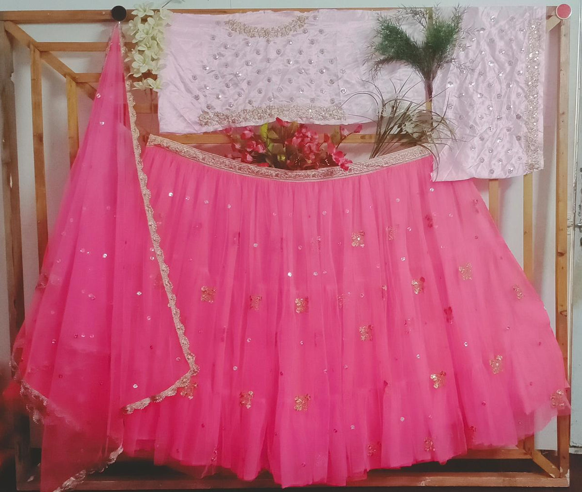 pink color designer net lehengacholi - Joshindia