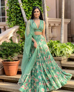sky color designer ruffle lehenga choli - Joshindia