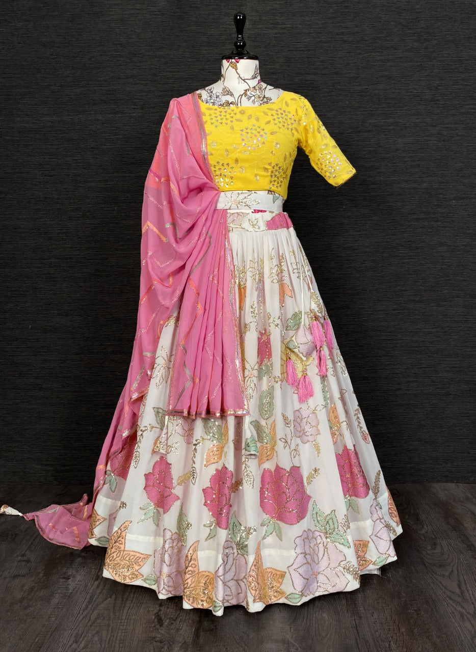 Pink and white lucknowi mirror work lehenga choli shop now - Joshindia