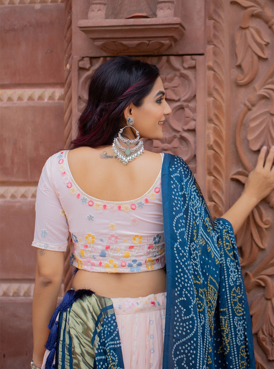 Glamour With Gorgeous Banarasi Silk Lehenga Choli With Zari Work,  Unstitched Blouse And Net Dupatta, - HALFSAREE STUDIO - 4092548