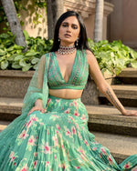 sky color designer ruffle lehenga choli - Joshindia