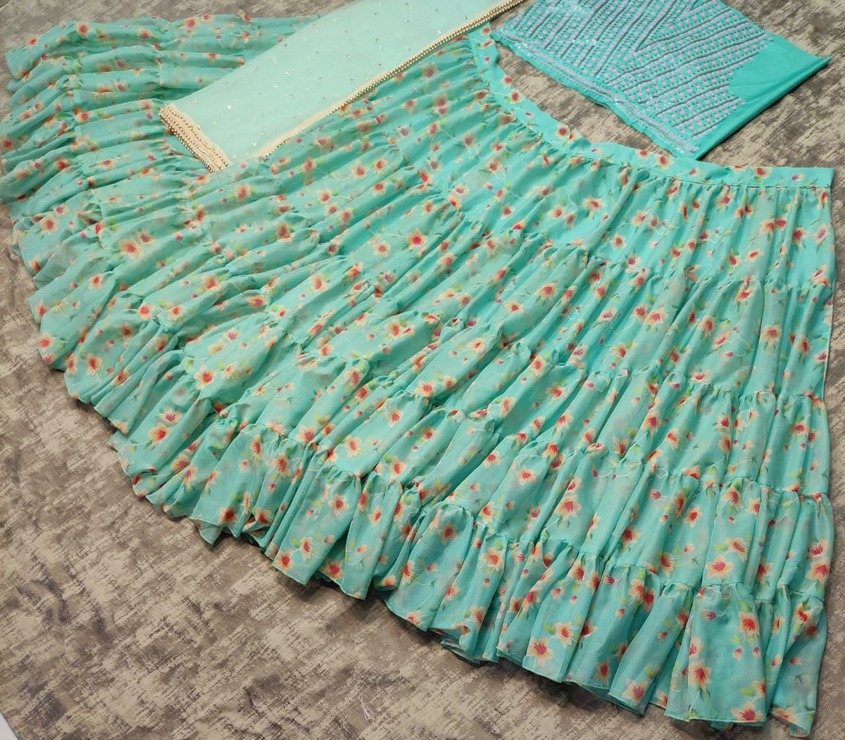 sky color designer ruffle lehenga choli - Joshindia