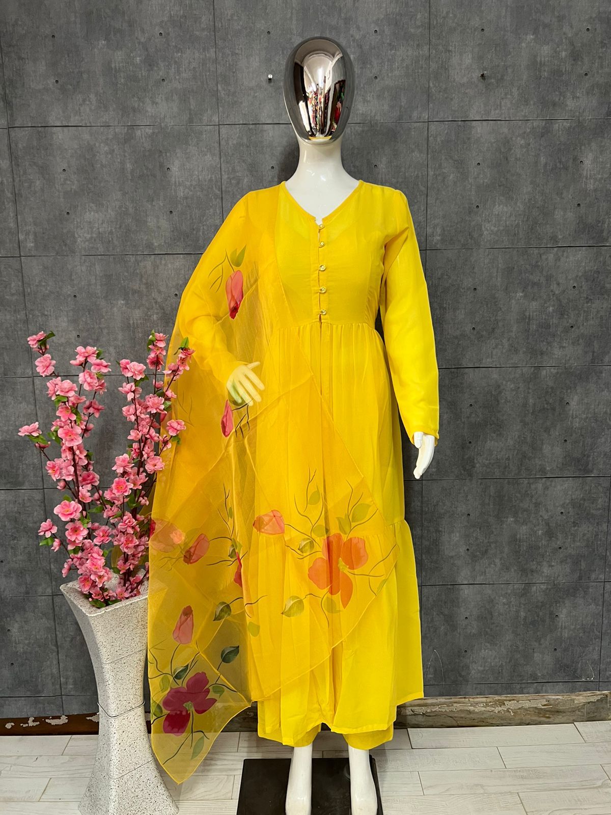 Beautiful Printed Cotton Fabric gown With Heavy Manual
