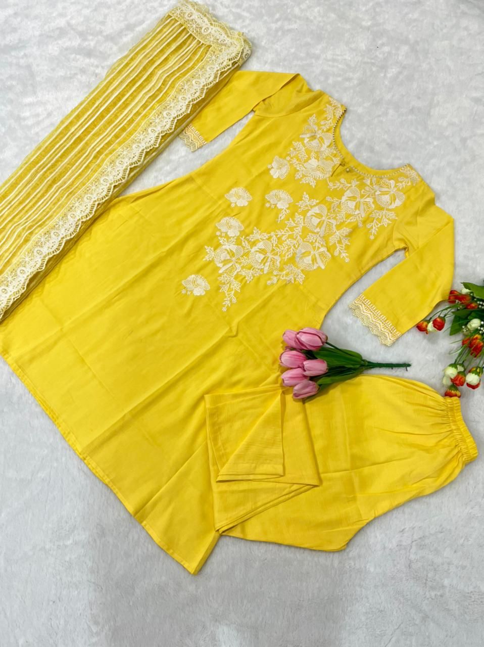 Buy Yellow color lucknowi style kurta set for stylish look