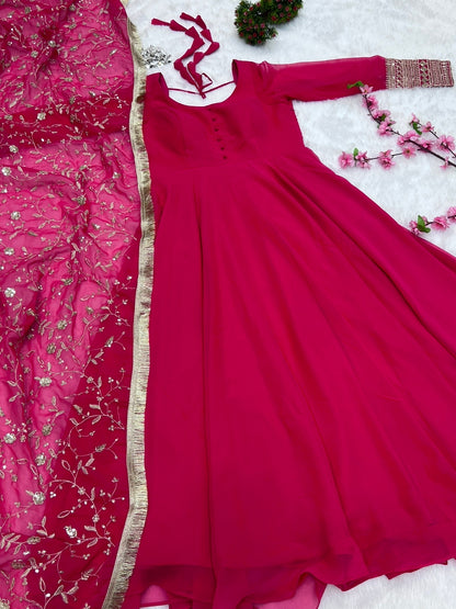 Pure Traditional look designer gown at affordable rate in pink color