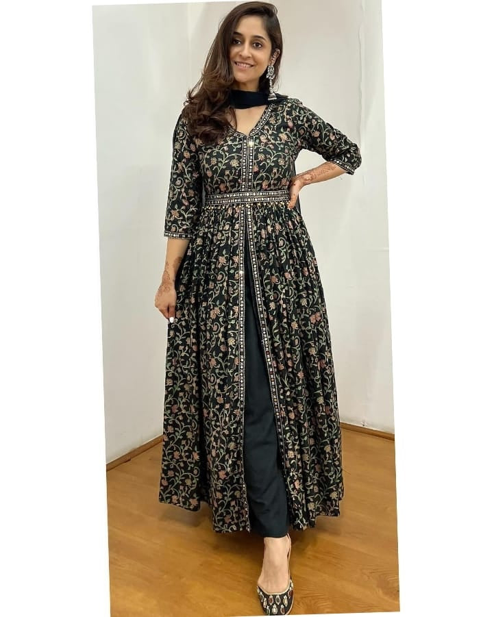 FRONT SLIT One PIECE OUTFIT WITH BELT AND A TASSEL DUPPTA - Joshindia