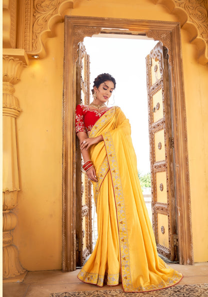 Amazing Yellow Color Designer Pleated Saree With Blouse