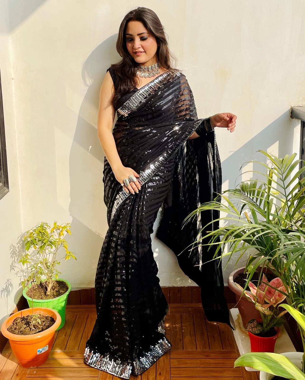 Black color trending Sequins saree buy online