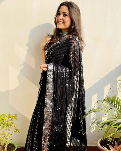 Black color trending Sequins saree buy online
