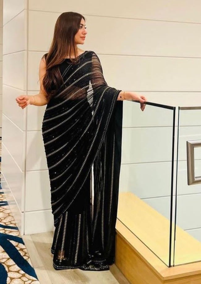 Black Color Most Beautiful Sequence Saree At Best Price - Joshindia
