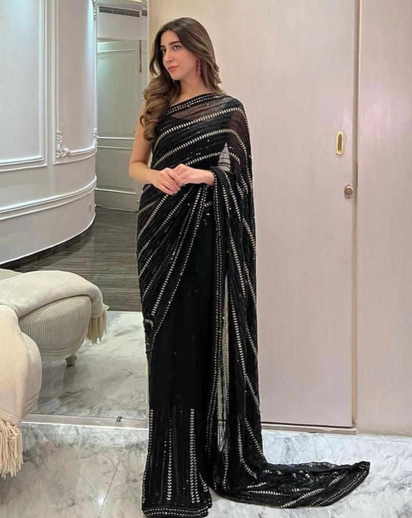 Buy Black Satin Embroidery Halter Pleated Pre-draped Saree With Blouse For  Women by Deme X Kalki Online at Aza Fashions.