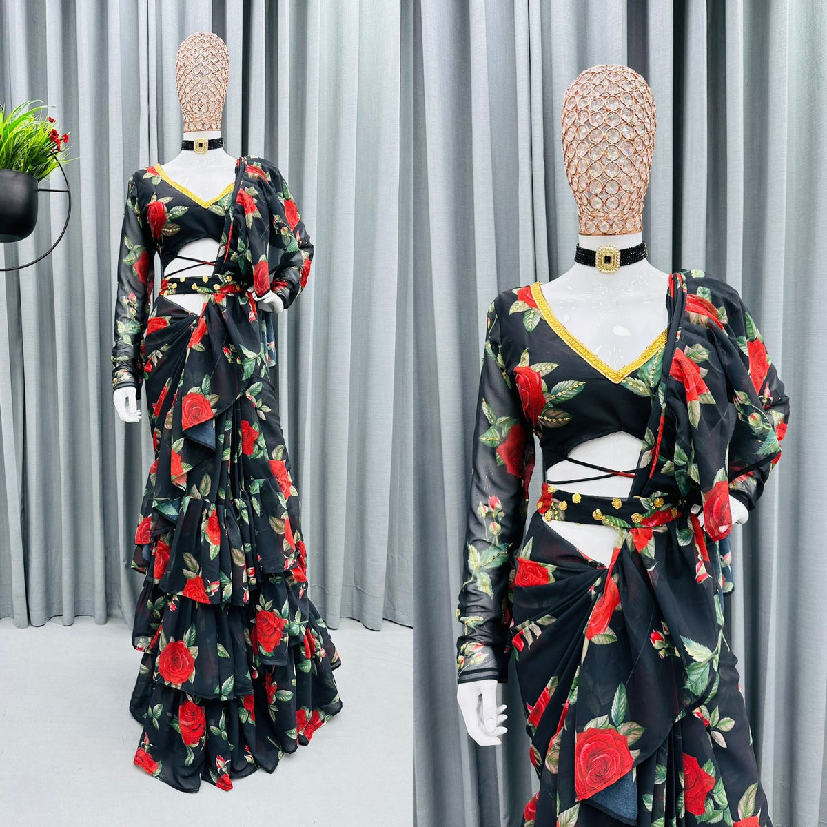 Trending Black Color Ruffle Border Georgette Designer Saree - Joshindia