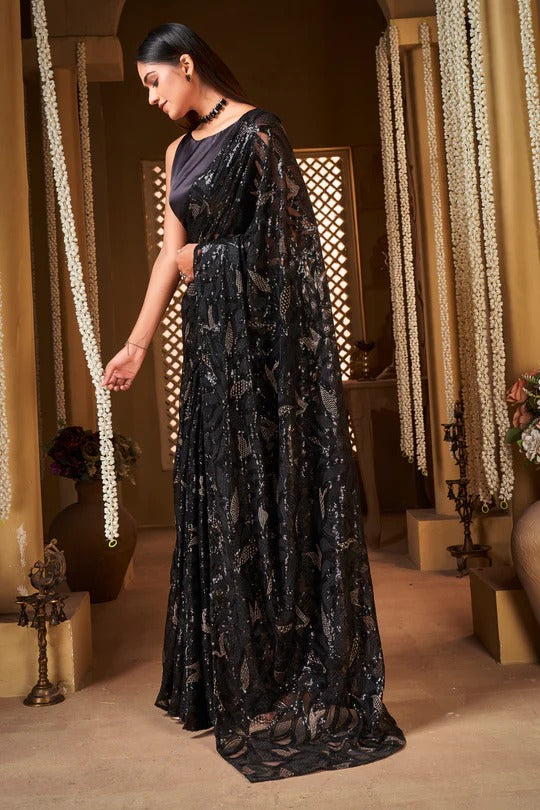 Buy Black Color Party Wear Georgette Designer Saree At Best Price - Joshindia