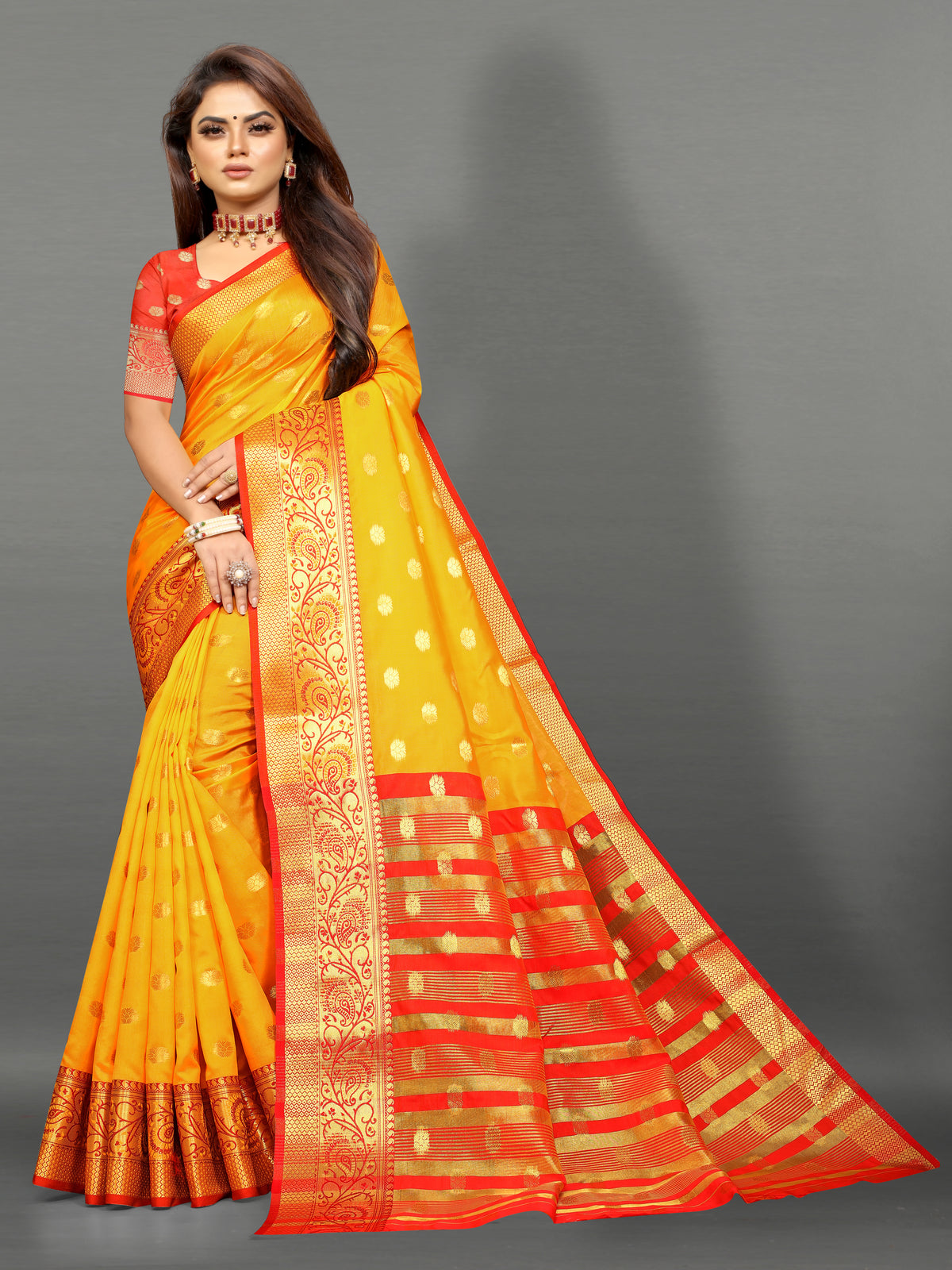 Orange and Yellow color banarasi silk saree - Joshindia