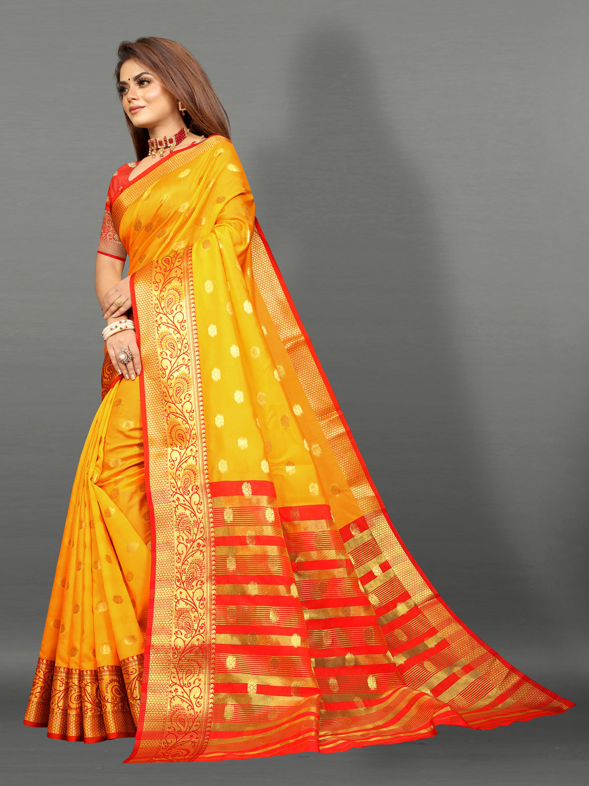 Orange and Yellow color banarasi silk saree - Joshindia