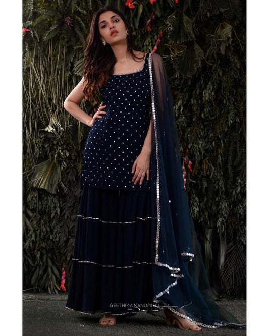 nevy blue color georgette satin sharara style suit