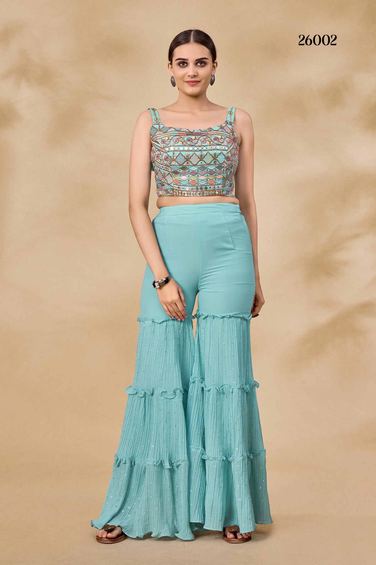 Sky blue designer indowestern with long shrug - Joshindia