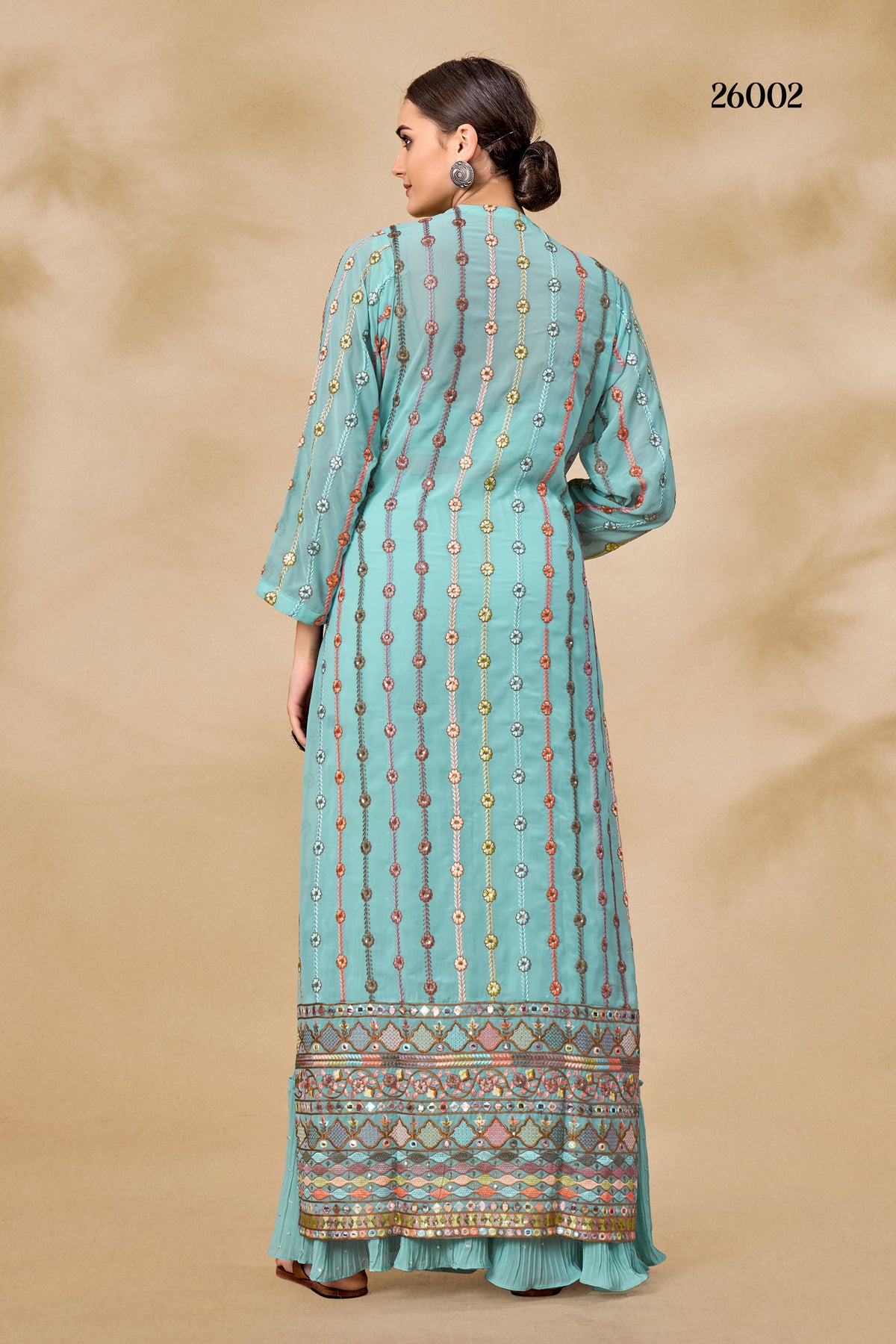 Sky blue designer indowestern with long shrug - Joshindia
