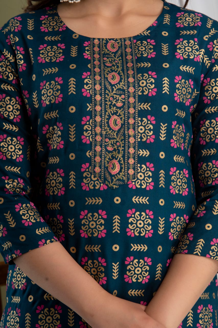 Gold Printed Straight KurtiWithPant and mulmul DUPPATTA - Joshindia
