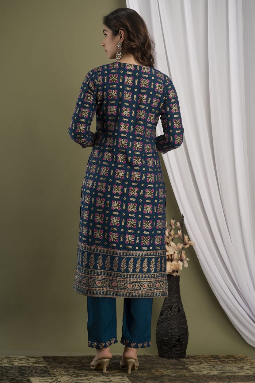 Gold Printed Straight Kurti  With  Pant and mulmul DUPPATTA