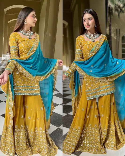 Yellow color sharara suit at affordable price