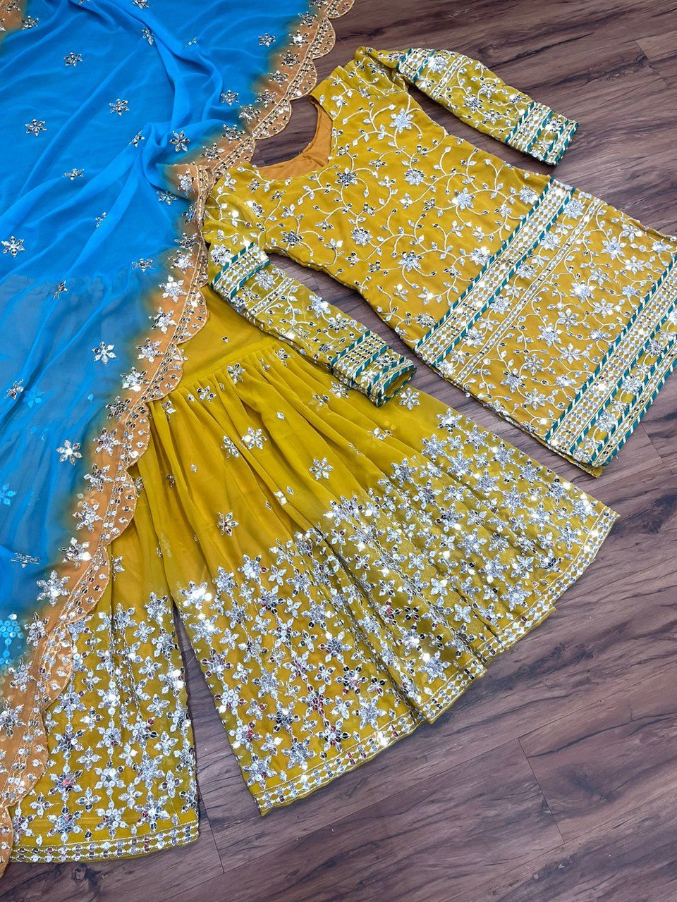 Yellow color sharara suit at affordable price - Joshindia
