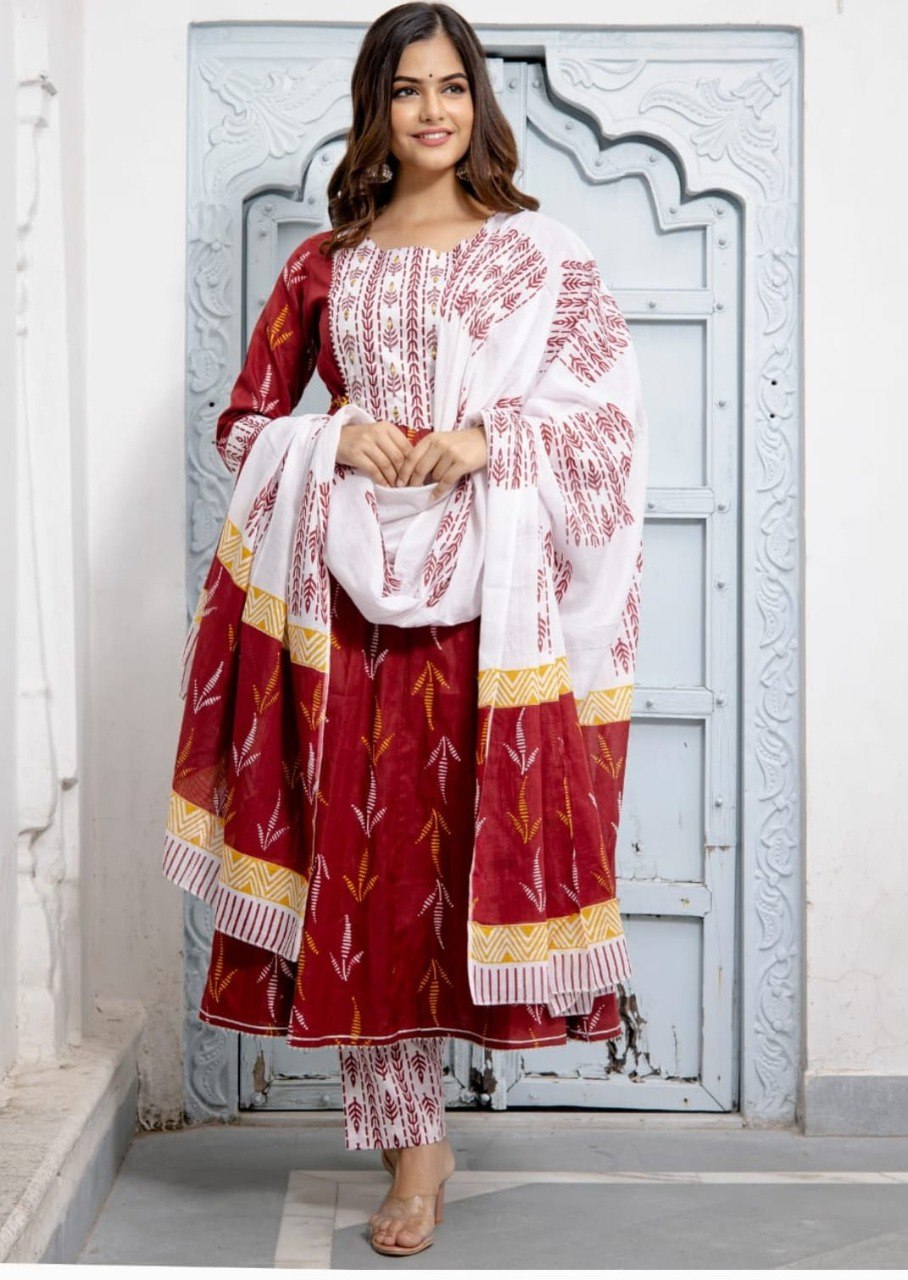 Beautiful  Pure cotton 60*60 Fabric Nake Embroidery work Mirror With printed pant with Full dupatta With latkan Anarkali style  3 piece set
