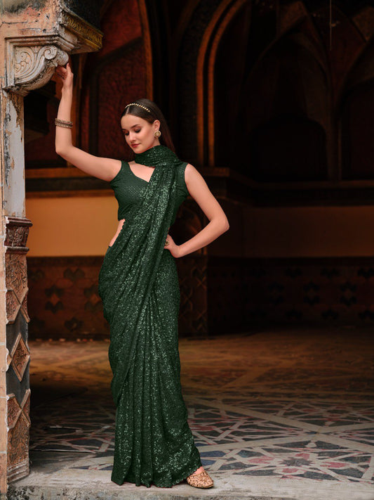 Green Color Designer Sequins Saree For Wedding