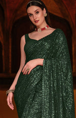 Green Color Designer Sequins Saree For Wedding - Joshindia