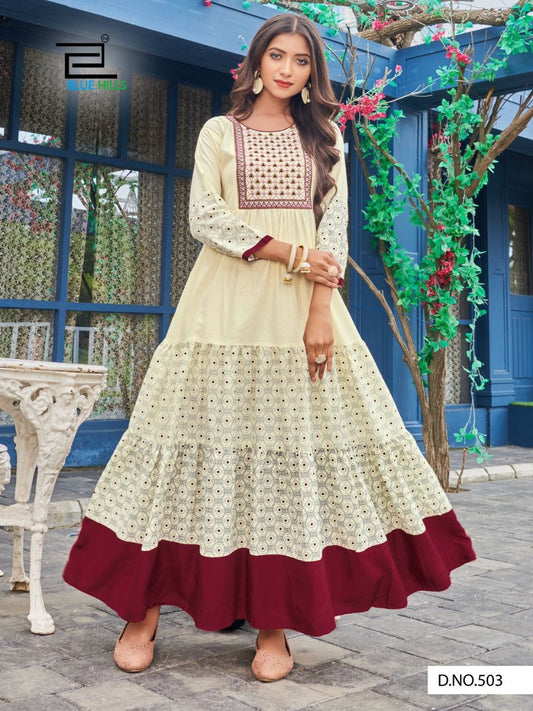 Flared cream & moroon reyon embroidery long gown