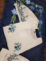 New white embroidered suit set with blue hand painted organza dupatta - Joshindia